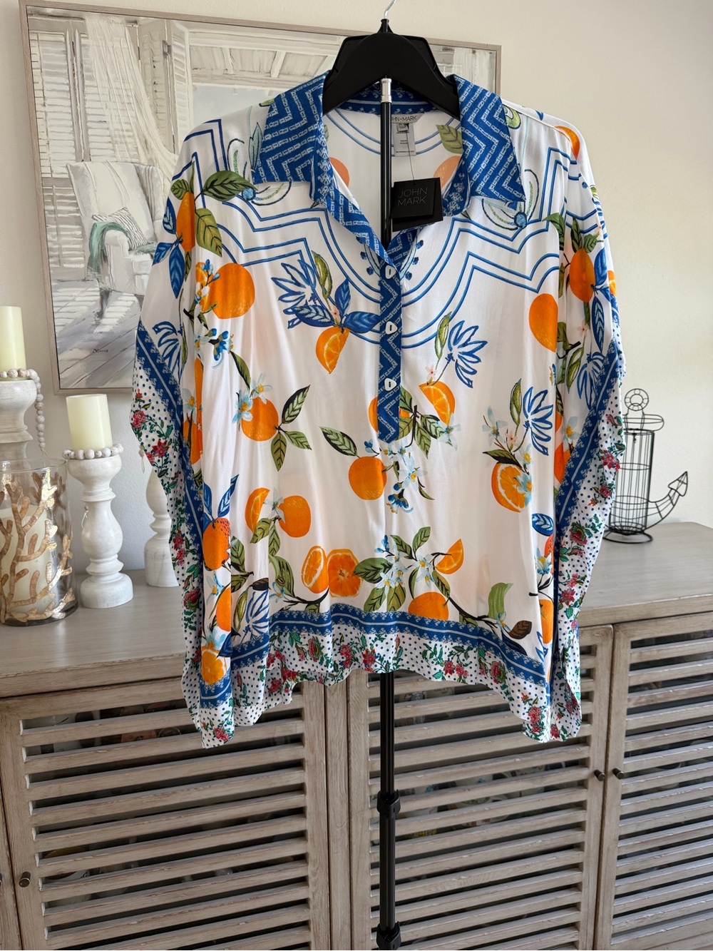 John Mark White Blouse with Orange & Blue Floral Trim
